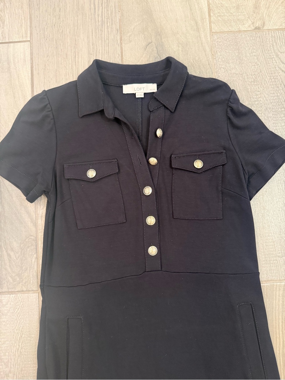 Black Short-Sleeve Shirt Dress with Gold Buttons - Picture 8 of 10